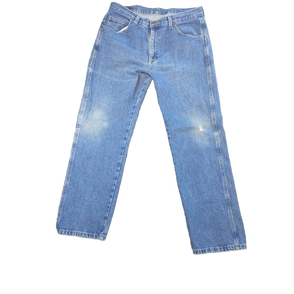 Wrangler 96501DS Mens Blue Denim Straight Leg Regular Fit Jeans 34x29 Distressed - Picture 1 of 16